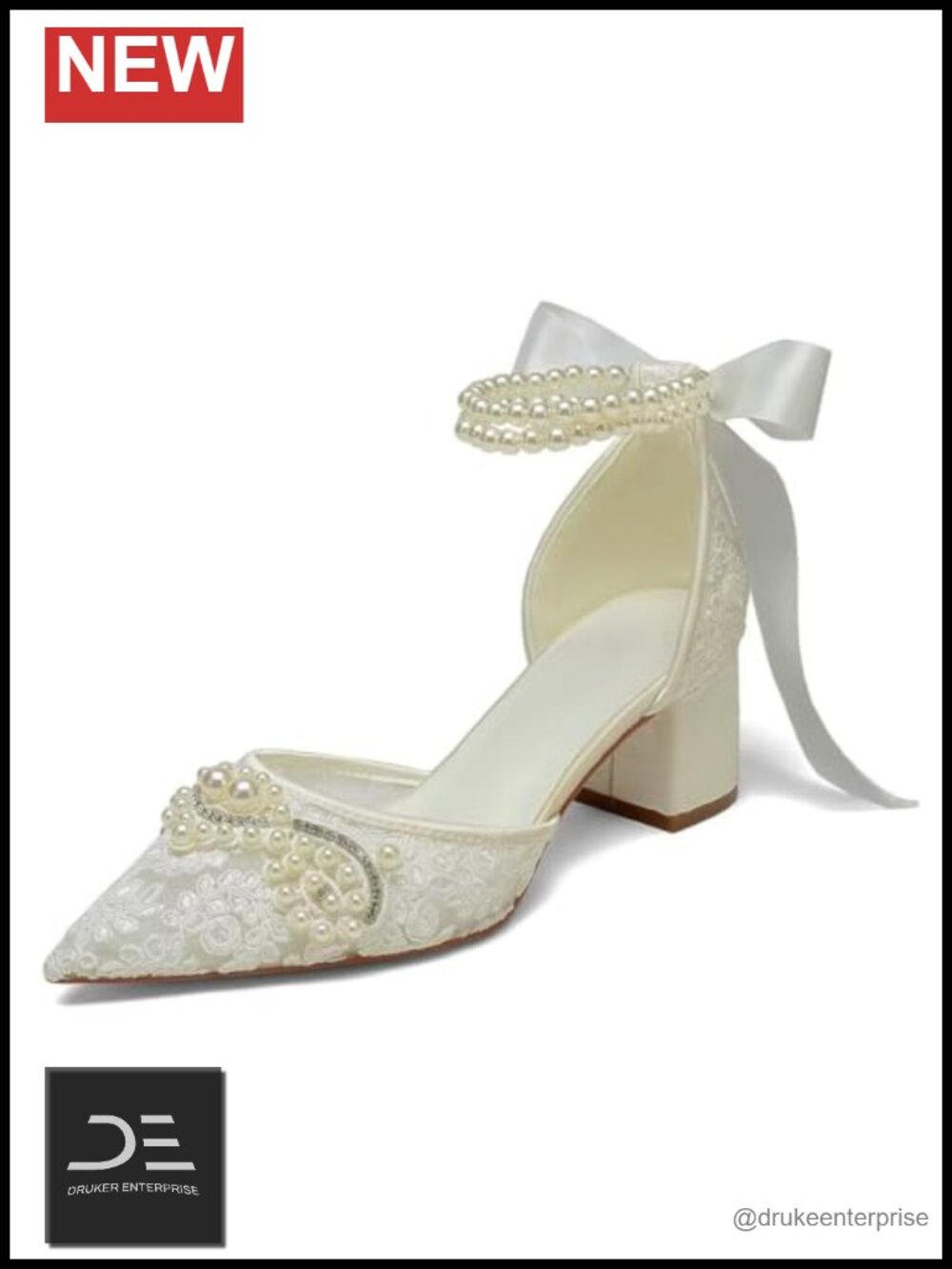 Bridal Block Heel Lace Pearl Wedding Pumps
